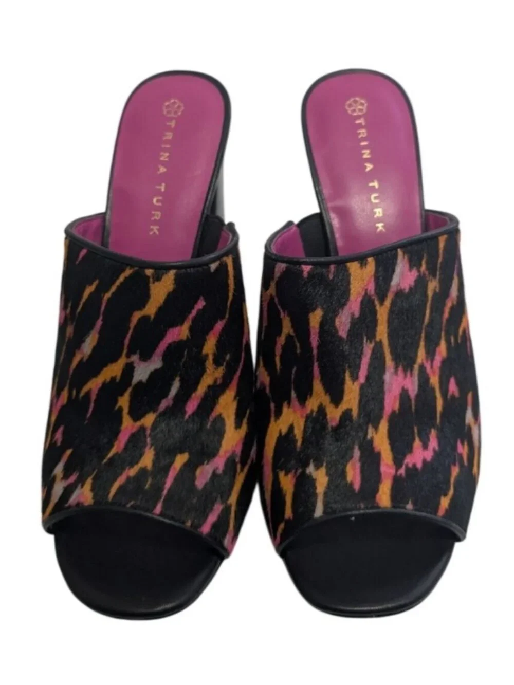 Trina Turk Leopard Luxe Calf Hair Block Heel Mule Sandals Neon Pink Orange Sz 8 - Picture 3 of 8